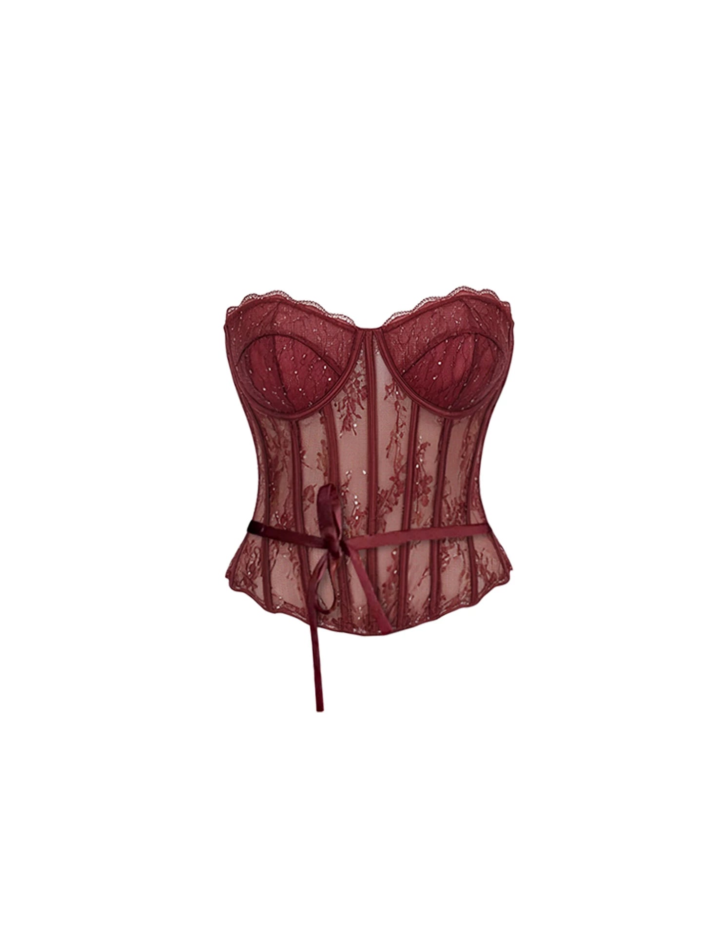 Alluring Sheer Lace Bustier Satin Mermaid Maxi Dress Chic Burgundy Two-Piece Set Long Dress AP6014