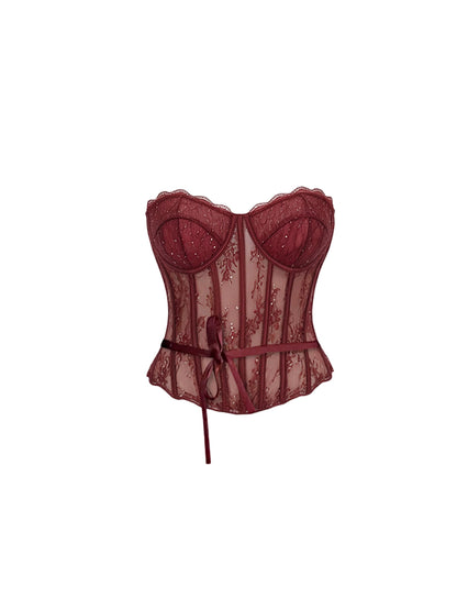 Alluring Sheer Lace Bustier Satin Mermaid Maxi Dress Chic Burgundy Two-Piece Set Long Dress AP6014