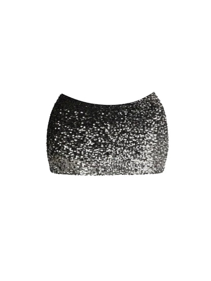 Gorgeous Two-Piece Set Long Sleeve Bodycon Mini Skirt Trendy Black Off-Shoulder Crop Top Sequin Short Dress AP6015