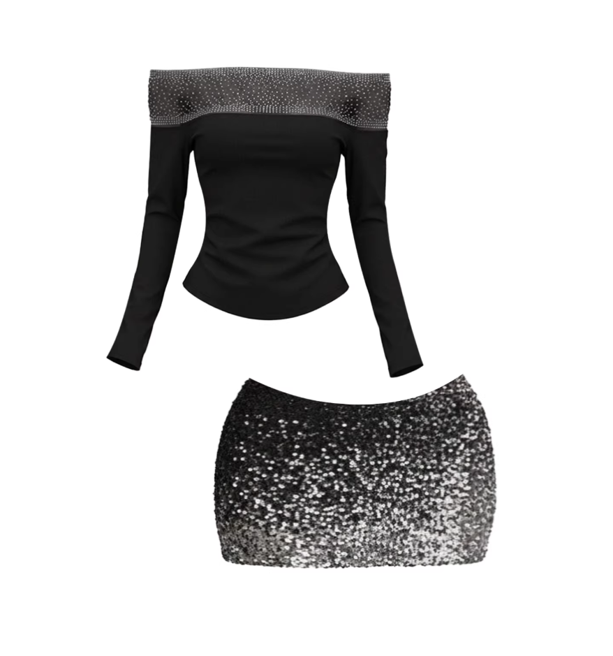 Gorgeous Two-Piece Set Long Sleeve Bodycon Mini Skirt Trendy Black Off-Shoulder Crop Top Sequin Short Dress AP6015