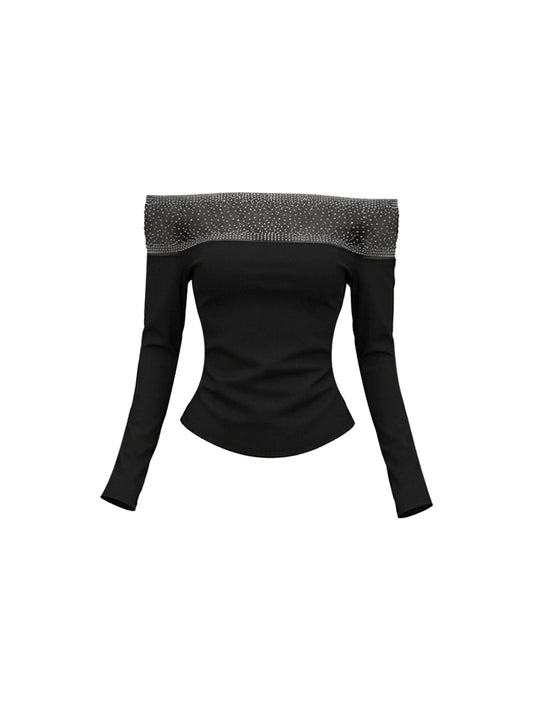 Gorgeous Two-Piece Set Long Sleeve Bodycon Mini Skirt Trendy Black Off-Shoulder Crop Top Sequin Short Dress AP6015