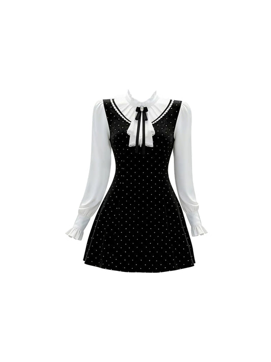 Glam Black & White Color-Block Long Sleeve Mini Skirt Chic Polka Dots Bow Accent Ruffled Cuffs A-Line Short Dress AP6016