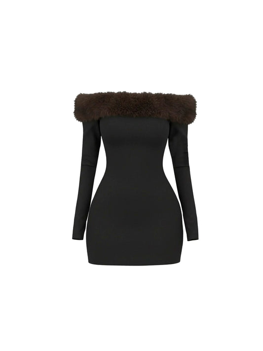 Glamorous Black Off-Shoulder Bodycon Mini Skirt Cozy Long Sleeve Brown Faux Fur Collar Short Dress AP6017