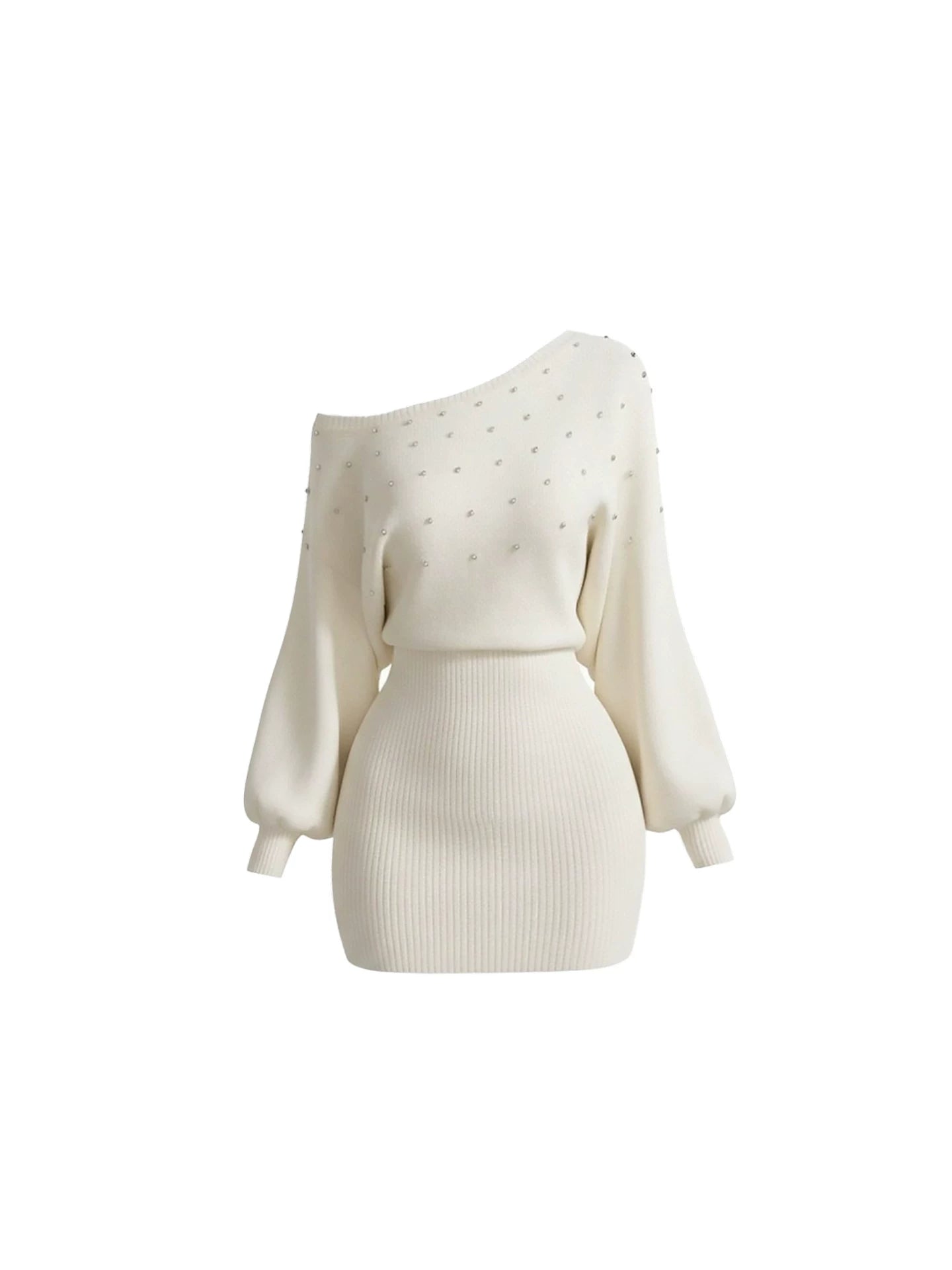 Dramatic Rhinestone Details Long Sleeves Bodycon Mini Skirt Elegant Ivory Asymmetric Neckline Knit Short Dress AP6018