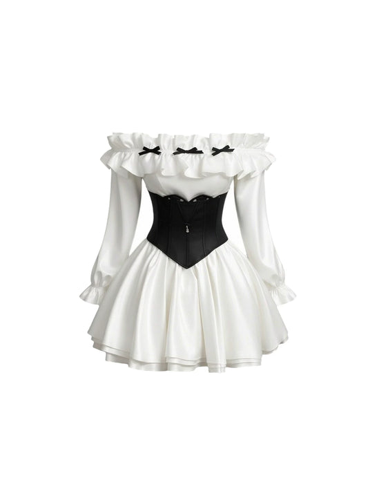 Stunning Black Corset & Bows A-Line Mini Skirt Cute White Off-Shoulder Long Sleeve Ruffled Short Dress AP6019