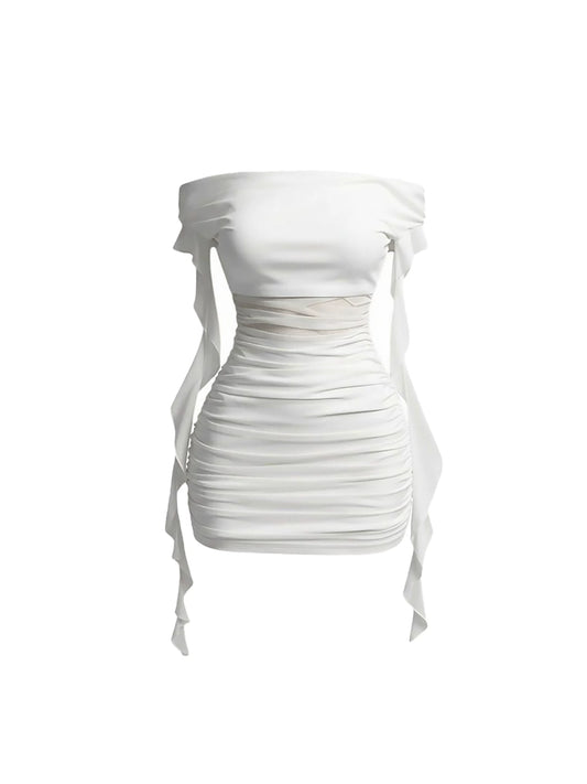 Novelty Ruched Mesh Satin Bust Bodycon Mini Skirt Modern White Off-Shoulder Short Dress AP6020