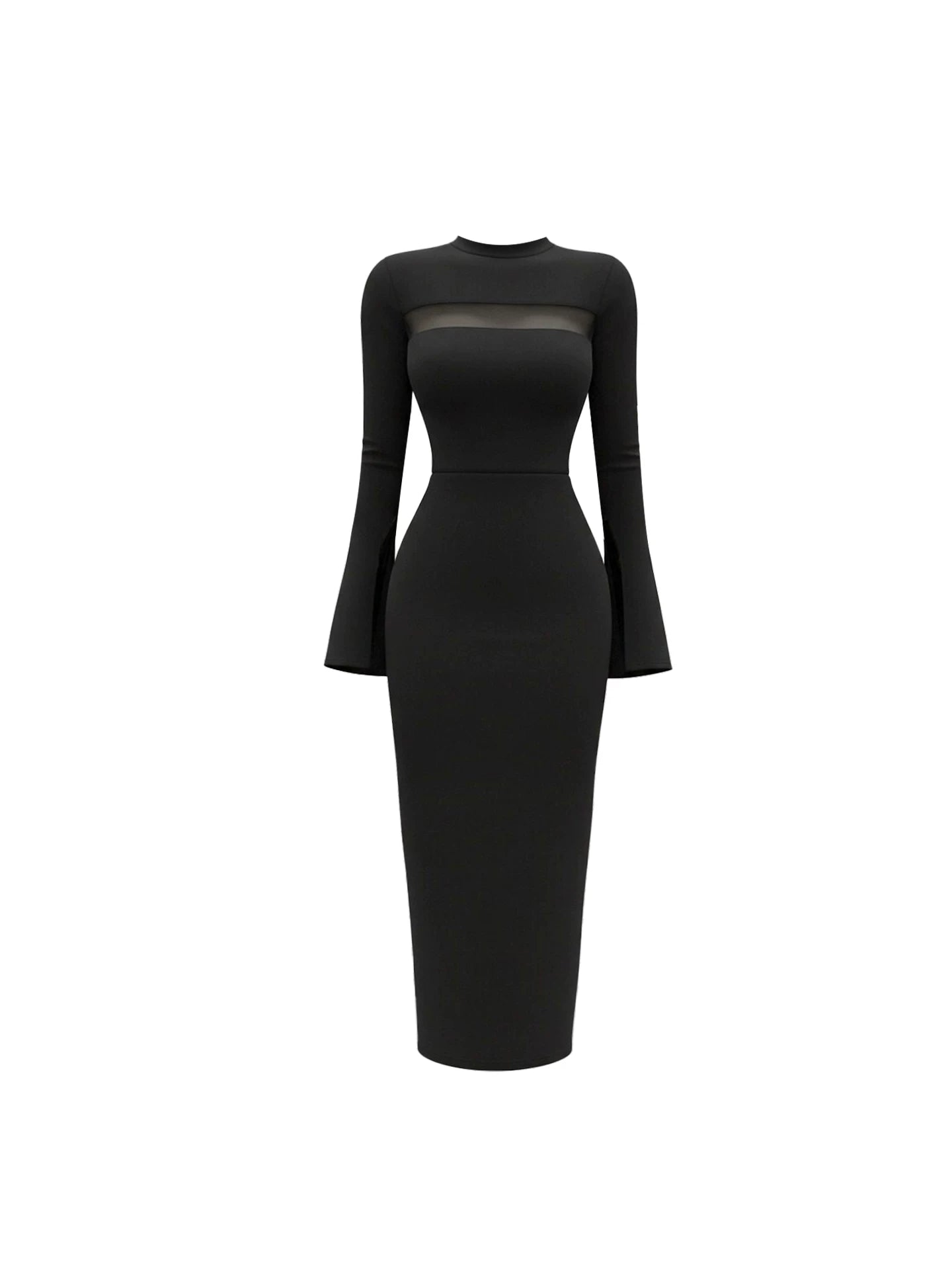 Fashionable Sheer Mesh Neckline Sheath Midi Dress Sleek Black Bodycon Flared Bell Sleeves Dress AP6023
