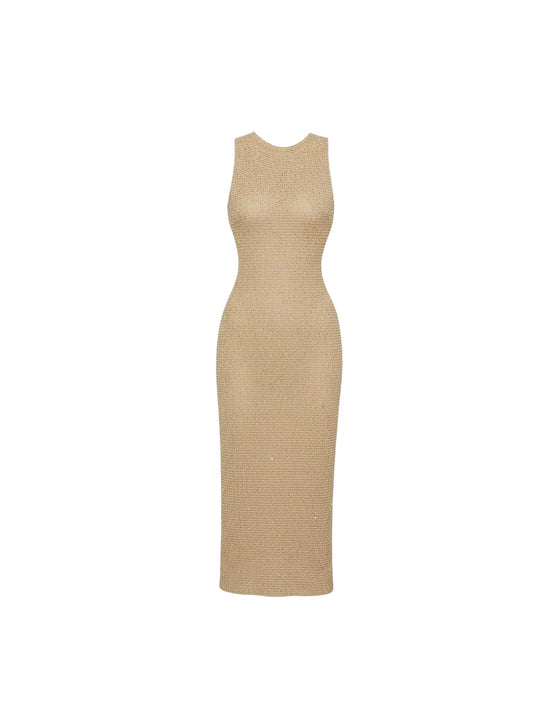 French Style Textured Knit Sheath Maxi Dresses Stylish Beige Sleeveless Long Dress AP6024