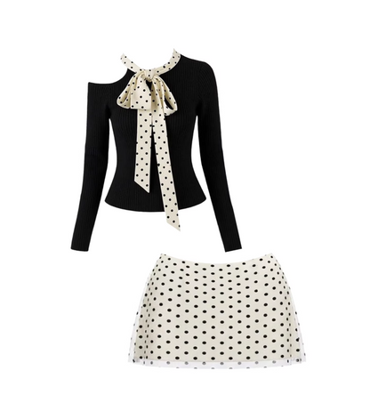 Charming Polka Dot Bow Black Ribbed A-Line Mini Skirt Cute Knit Top Two-Piece Set Short Dress AP6027
