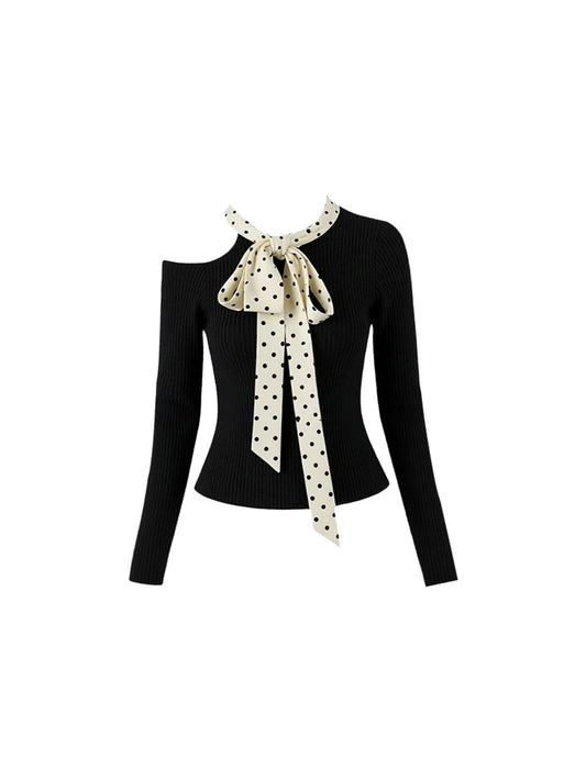 Charming Polka Dot Bow Black Ribbed A-Line Mini Skirt Cute Knit Top Two-Piece Set Short Dress AP6027