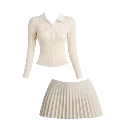 Dopamine Style Polo Top Pleated A-Line Mini Skirt Cute Ivory Ribbed Knit Two-Piece Set Casual Campus Looks Short Dress AP6028