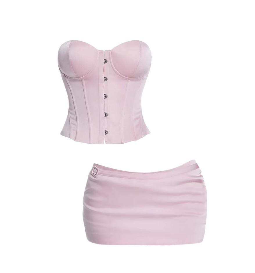 Adorable Strapless Corset Top Bodycon Mini Skirt Playful Blush Pink Bustier Satin Two-Piece Set Short Dress AP6030