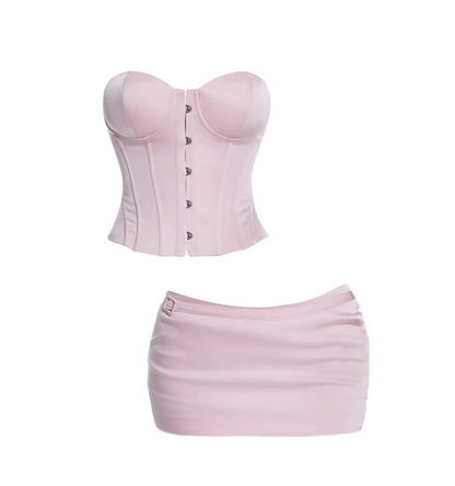 Adorable Strapless Corset Top Bodycon Mini Skirt Playful Blush Pink Bustier Satin Two-Piece Set Short Dress AP6030