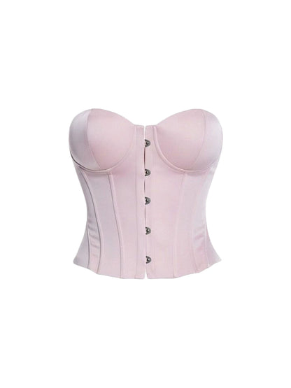 Adorable Strapless Corset Top Bodycon Mini Skirt Playful Blush Pink Bustier Satin Two-Piece Set Short Dress AP6030