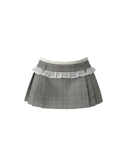 Playful Spaghetti Strap Bustier Top A-Line Mini Dress Chic Grey Plaid Square-Neck White Ruffle Trim Pleated Two-Piece Set Short Dress AP6031