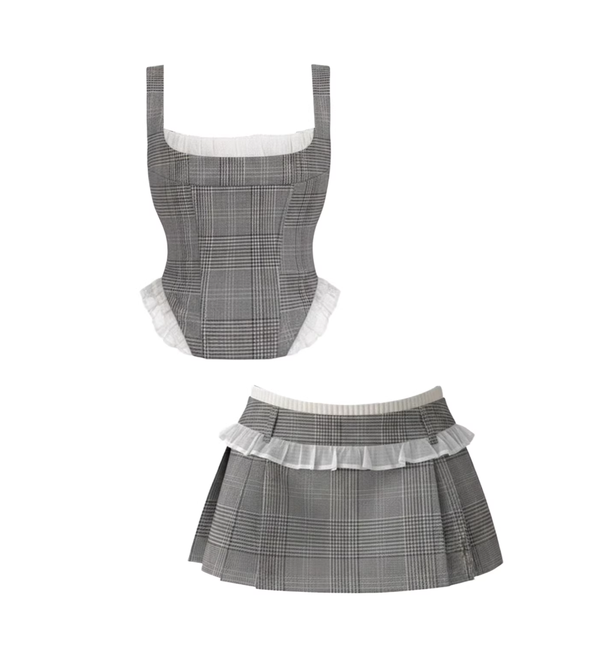 Playful Spaghetti Strap Bustier Top A-Line Mini Dress Chic Grey Plaid Square-Neck White Ruffle Trim Pleated Two-Piece Set Short Dress AP6031