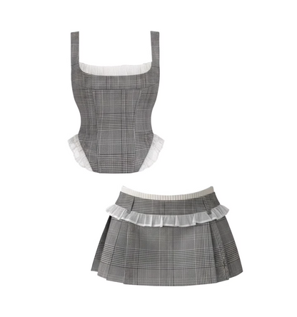 Playful Spaghetti Strap Bustier Top A-Line Mini Dress Chic Grey Plaid Square-Neck White Ruffle Trim Pleated Two-Piece Set Short Dress AP6031