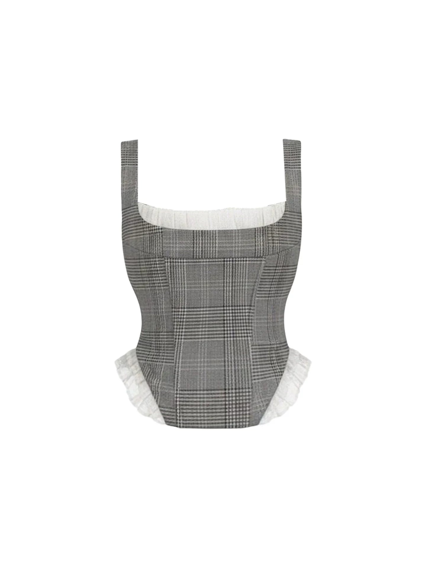 Playful Spaghetti Strap Bustier Top A-Line Mini Dress Chic Grey Plaid Square-Neck White Ruffle Trim Pleated Two-Piece Set Short Dress AP6031