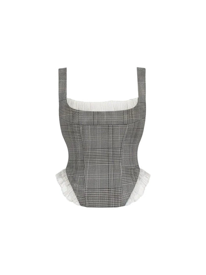 Playful Spaghetti Strap Bustier Top A-Line Mini Dress Chic Grey Plaid Square-Neck White Ruffle Trim Pleated Two-Piece Set Short Dress AP6031