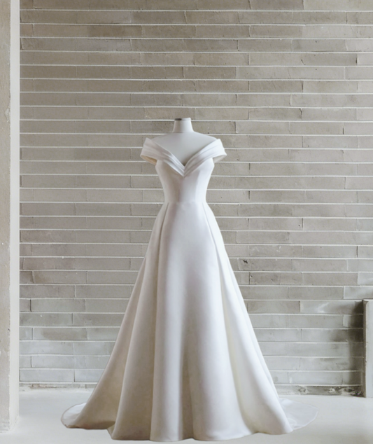 Flowy A-Line Off-Shoulder Engagement Gowns Satin White Wedding Dress AP6033