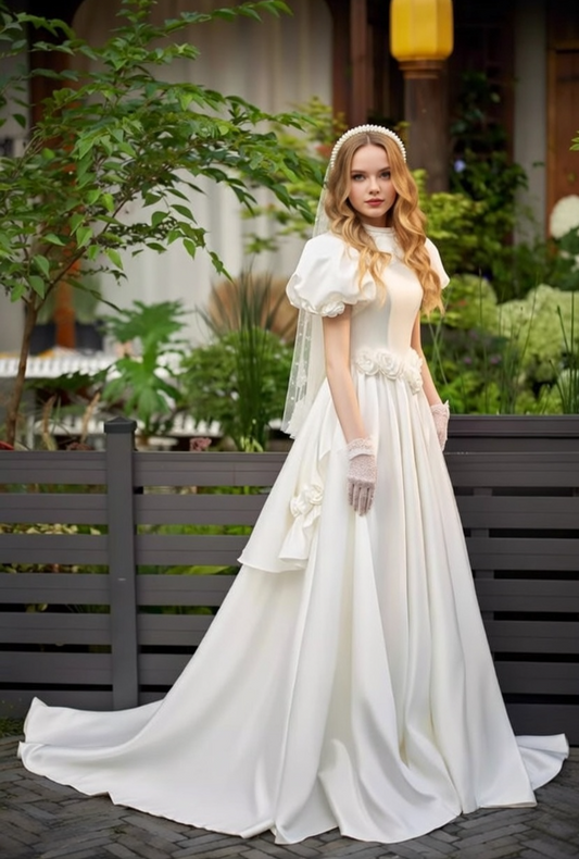 Flattering A-Line Ruffled Lace V Neck Bridal Gowns Short Sleeve 3D Appliques Satin Wedding Dress AP6035