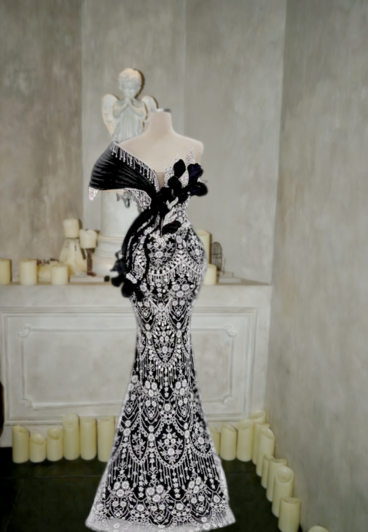 Fitted One-Shoulder Mermaid Evening Dresses Beading Tassel Rhinestones Prom Dress AP6037