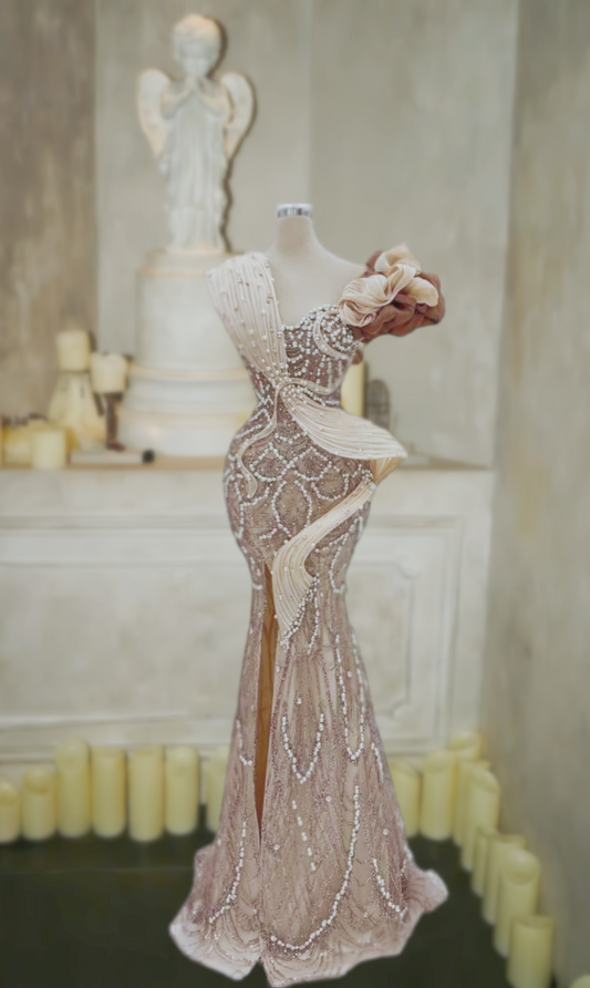 Trendy Asymmetric Neck Mermaid Evening Dresses Beading High-Slit Prom Dress AP6038