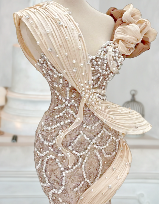Trendy Asymmetric Neck Mermaid Evening Dresses Beading High-Slit Prom Dress AP6038