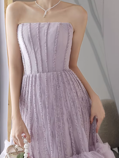 Attractive Strapless A-Line Tiered Tulle Sweet 16th Gowns Beads Prom Dress AP6039