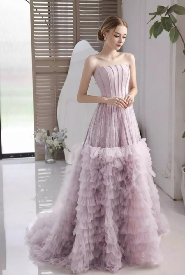 Attractive Strapless A-Line Tiered Tulle Sweet 16th Gowns Beads Prom Dress AP6039