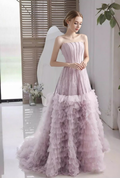 Attractive Strapless A-Line Tiered Tulle Sweet 16th Gowns Beads Prom Dress AP6039