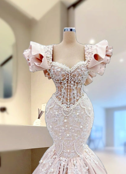 Glittering Ruffles Sweetheart Neck Mermaid Evening Dresses Pearls Appliques Prom Dress AP6040