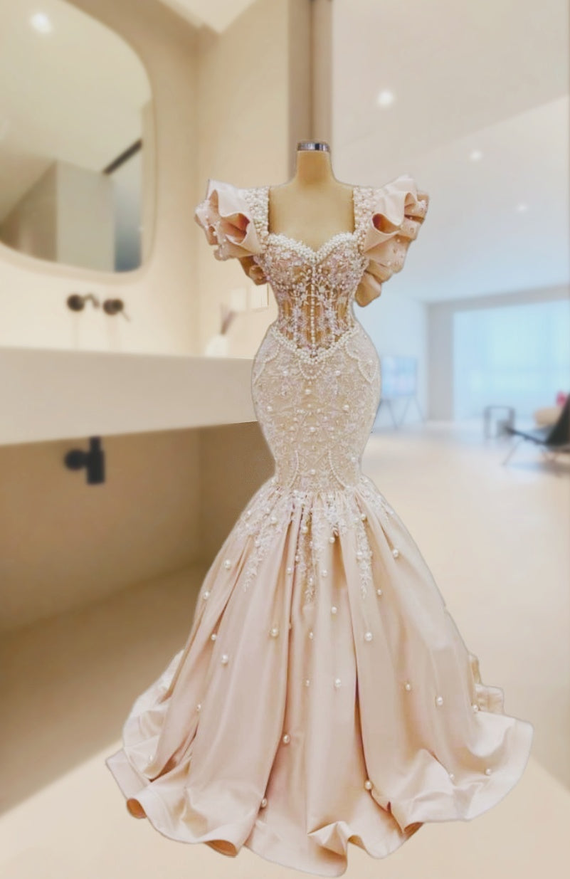 Glittering Ruffles Sweetheart Neck Mermaid Evening Dresses Pearls Appliques Prom Dress AP6040