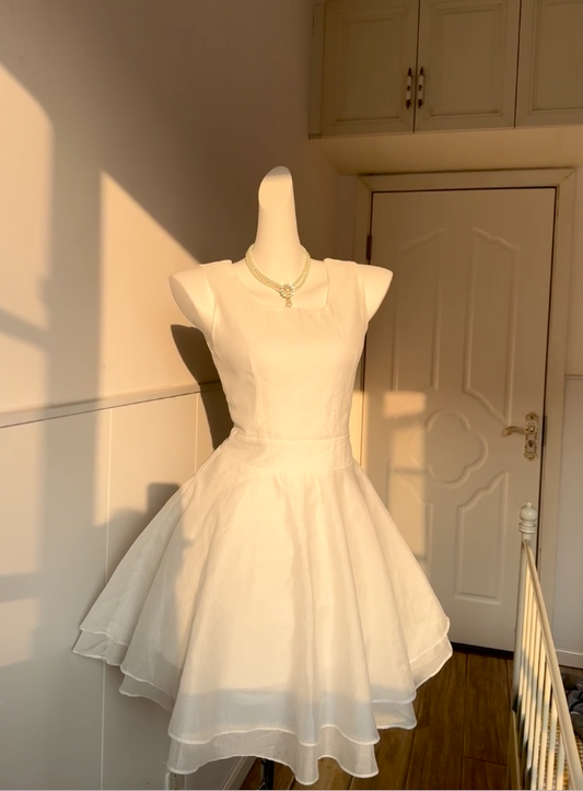 Casual Jewel Neck A-Line Birthday Dresses White Tiered Homecoming Dress AP6047