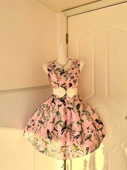 Hot Girls Jewel Neck A-Line Birthday Dresses Bow Printed Homecoming Dress AP6048