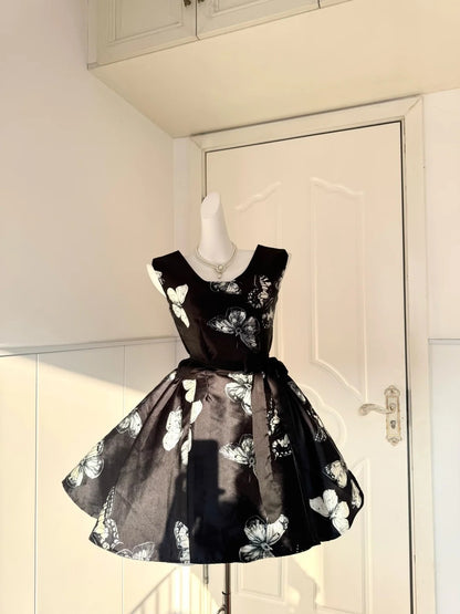 Gen Z Style Jewel Neck A-Line Bow Ribbon Birthday Dresses Black Printed Homecoming Dress AP6049