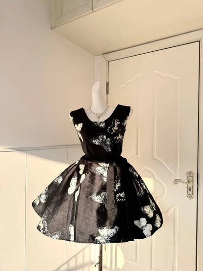 Gen Z Style Jewel Neck A-Line Bow Ribbon Birthday Dresses Black Printed Homecoming Dress AP6049