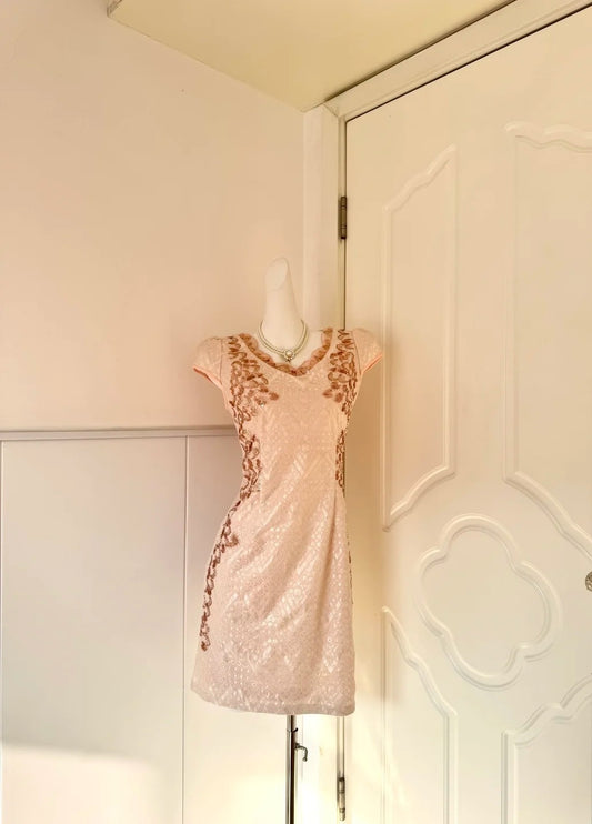 Enticing V Neck Sheath Short Sleeve Birthday Dress Sequins Appliques Homecoming Dress AP6068
