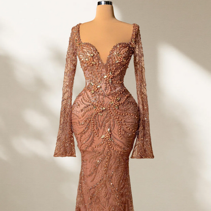 Shiny Long Sleeve Sweetheart Neck Evening Mermaid Dress Beading Sequins Prom Dress AP6069