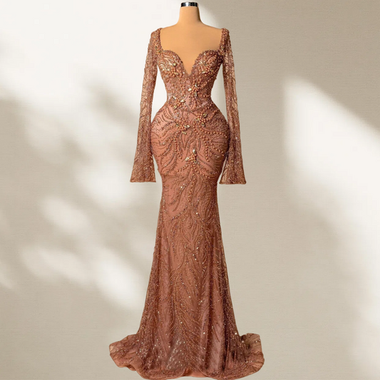 Shiny Long Sleeve Sweetheart Neck Evening Mermaid Dress Beading Sequins Prom Dress AP6069