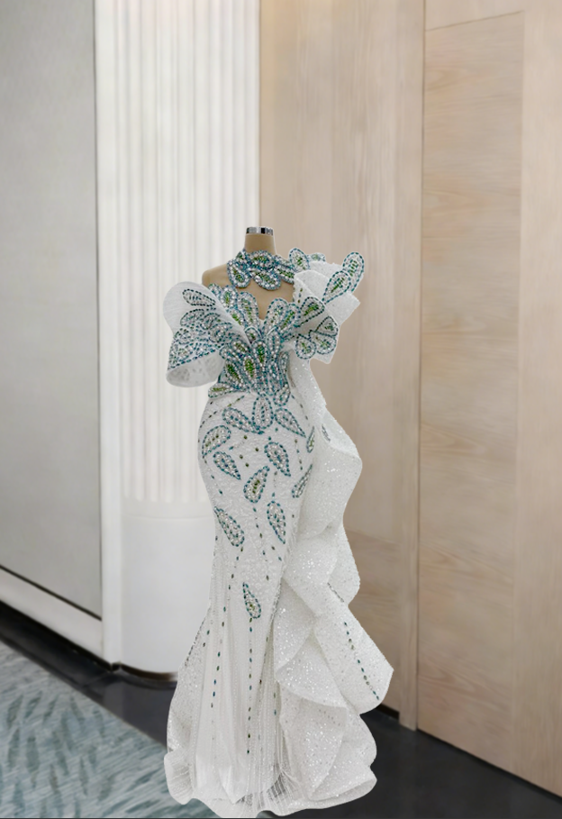 Avant-Garde One-Shoulder Ruffled Mermaid Evening Dresses Sequins Beading Prom Dress AP6070