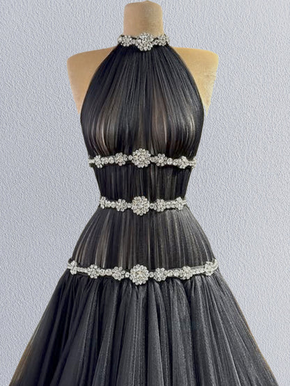 Gothic-Style Halter Neck A-Line Sweet 16 Gowns Rhinestones Black Prom Dress AP6073