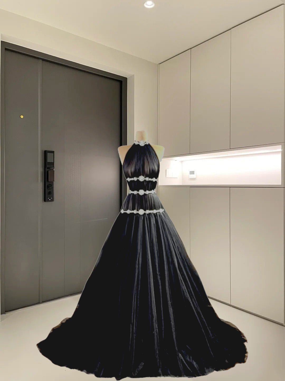Gothic-Style Halter Neck A-Line Sweet 16 Gowns Rhinestones Black Prom Dress AP6073