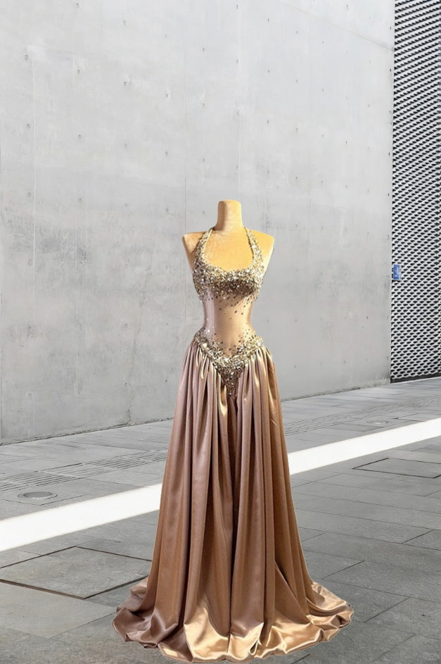 Voluminous Halter Neck Backless A-Line Sweet 16 Gowns Sequins Beading Prom Dress AP6074