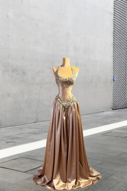 Voluminous Halter Neck Backless A-Line Sweet 16 Gowns Sequins Beading Prom Dress AP6074
