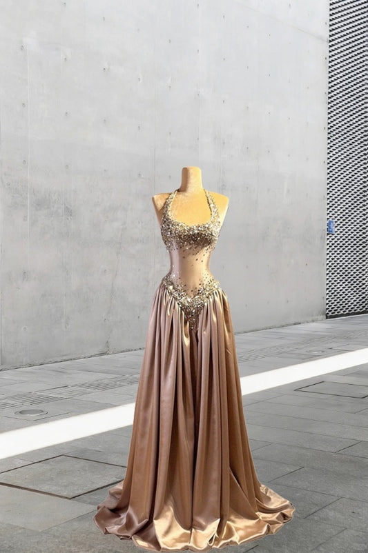 Voluminous Halter Neck Backless A-Line Sweet 16 Gowns Sequins Beading Prom Dress AP6074