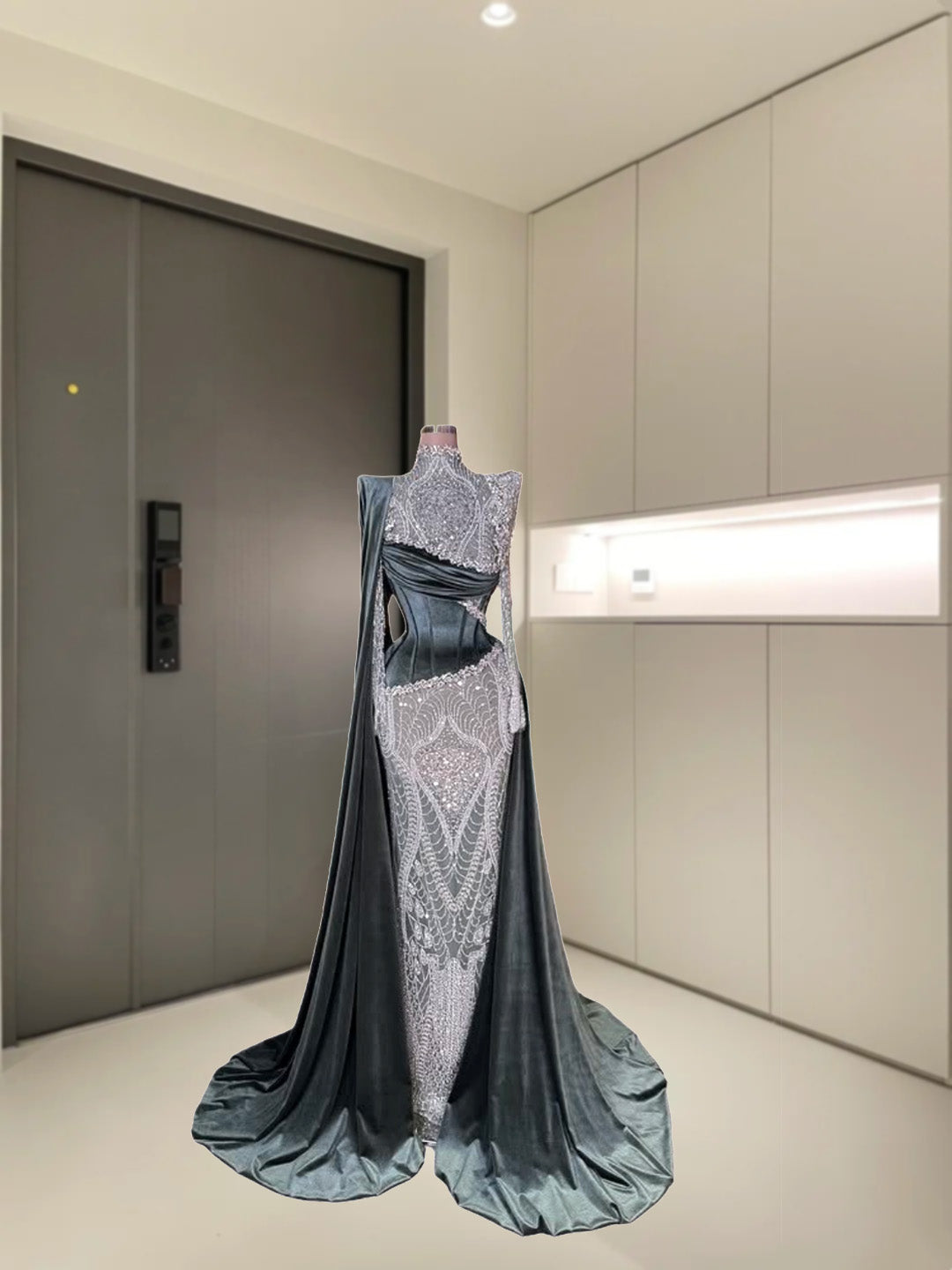Victorian-Inspired Long Sleeve High Collar Evening Mermaid Dress Beading Sequins Prom Dress AP6075