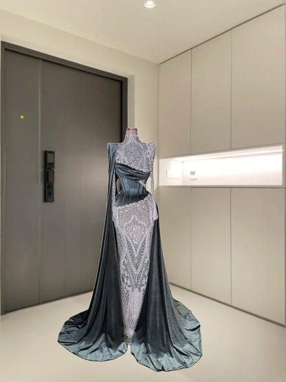 Victorian-Inspired Long Sleeve High Collar Evening Mermaid Dress Beading Sequins Prom Dress AP6075