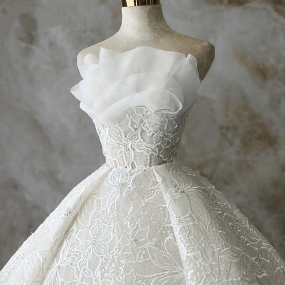 Sleek Strapless A-Line Bridal Gowns Appliques White Ruffles Wedding Dress AP6076