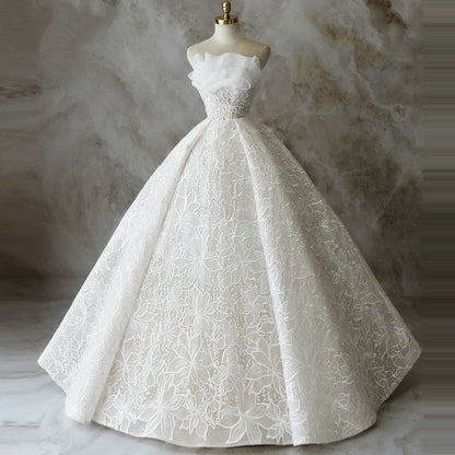 Sleek Strapless A-Line Bridal Gowns Appliques White Ruffles Wedding Dress AP6076